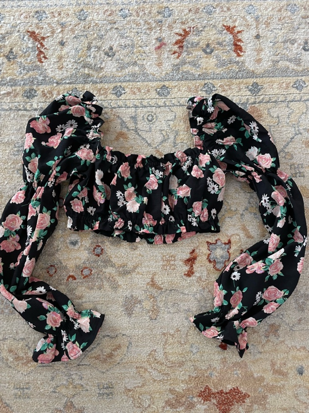 Floral Smocked Crop Top - Black with Pink Rose Print